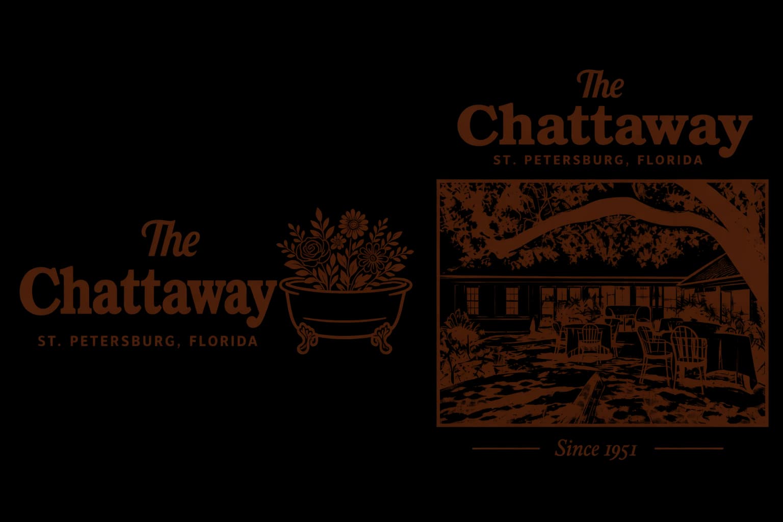 Design preview of the Chattaway shirt: the front mark with the floral bathtub, and the back illustration of the courtyard marked Since 1951.